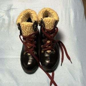 Dark brown with beige wool trim, hiking boots. Size 6.5, only worn once.